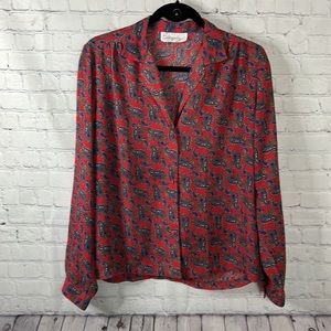 Vintage Shapely sheer red and blue paisley long sleeve top Sz M